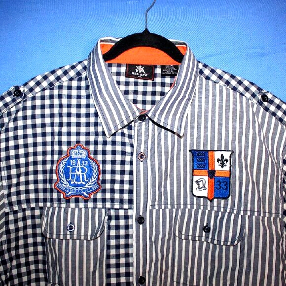 Red Ape Patchwork Button Down Shirt Blue Gray 2XL - image 3